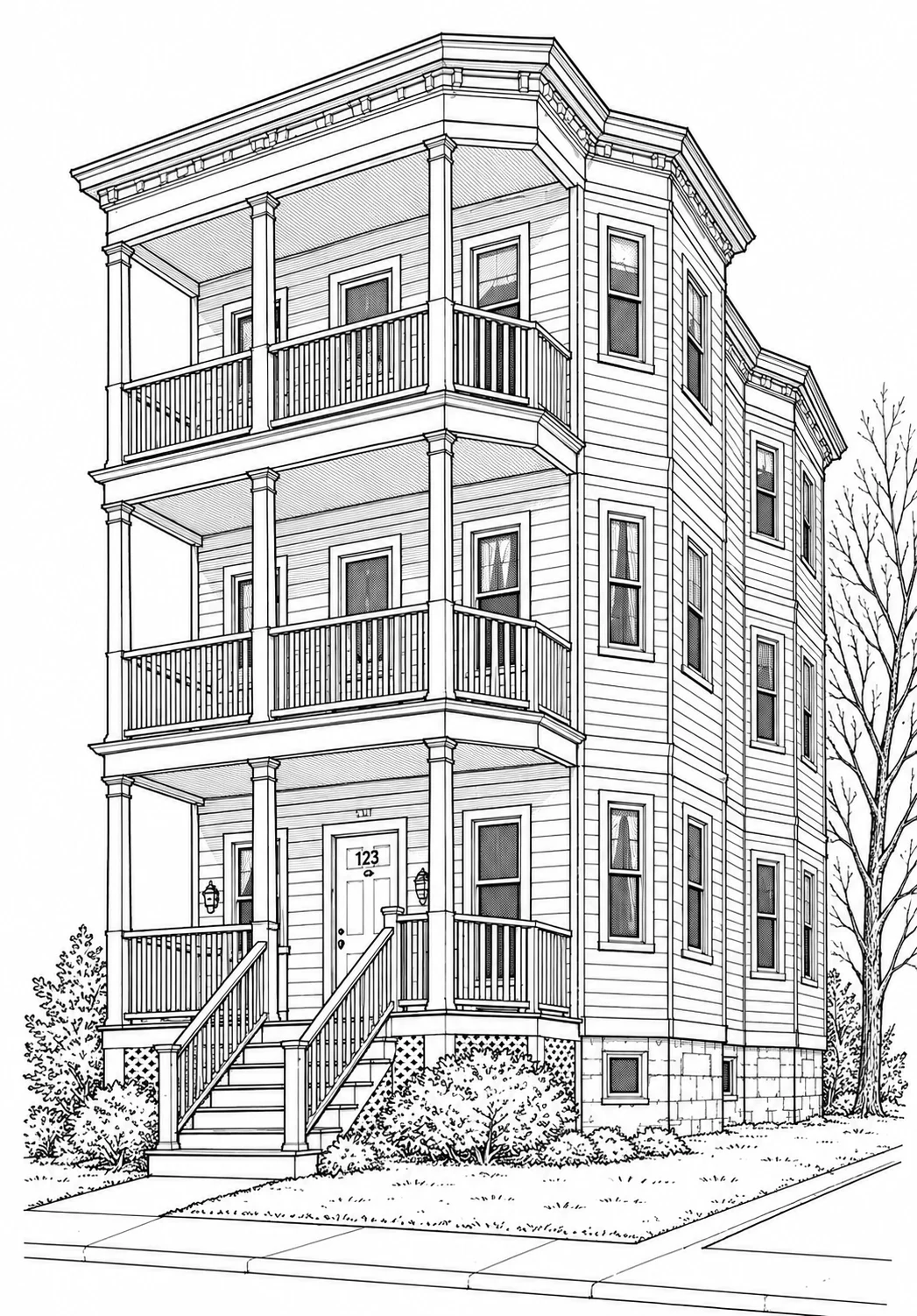 Line drawing of a triple-decker three-family house with stacked porches